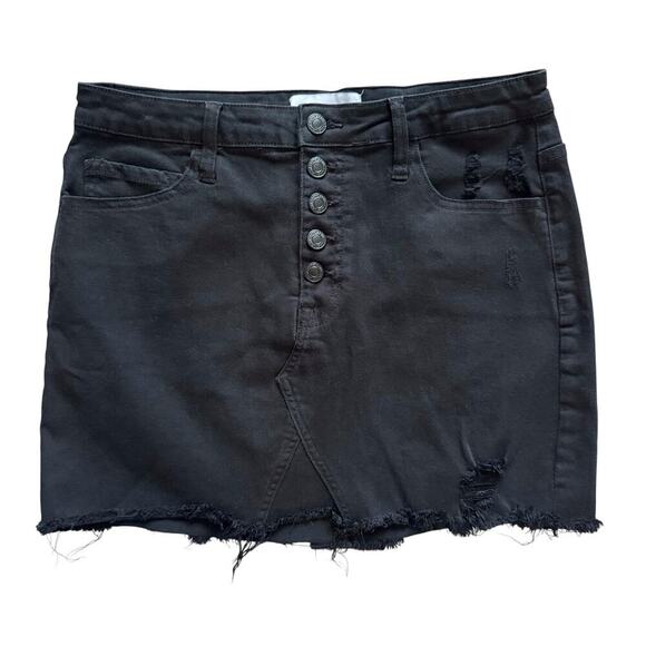 Vervet Denim Skirt Womens Large Black Distressed Button Fly Frayed Hem Jean Mini - Picture 1 of 12